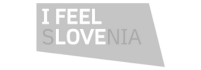 Siv logotip z napisom I feel Slovenia, ki predstavlja nacionalno blagovno znamko Slovenije.